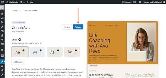 An orange arrow pointing to the blue Activate button on the CoachAva theme page on WordPress.com