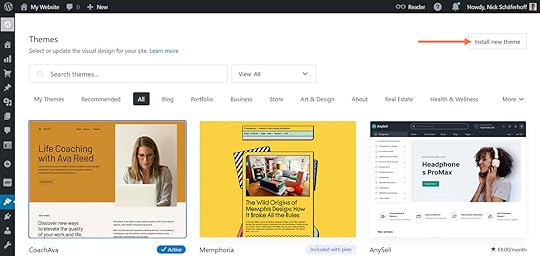 An orange arrow pointing to the Install new theme button on the WordPress.com themes page