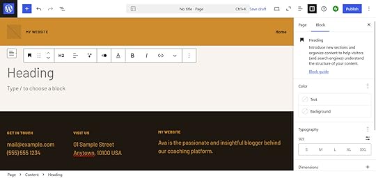 The page editor page with the CoachAva theme activated on WordPress.com