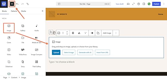 Orange arrows pointing to the image block and the block in the page editor on WordPress.com
