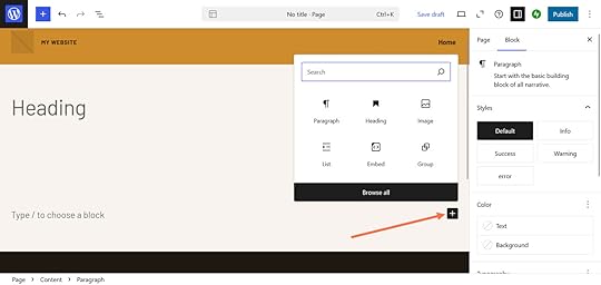 An orange arrow pointing to the + add block button in the WordPress editor