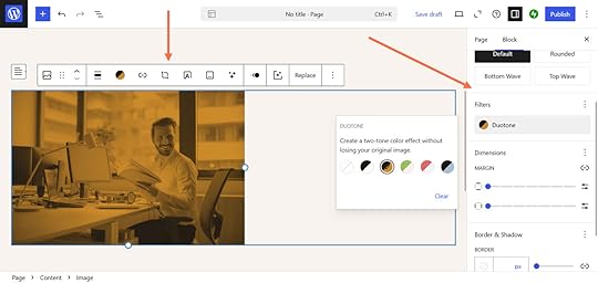 Orange arrows pointing to the image block options and settings on WordPress