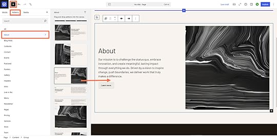 An orange arrow and boxes highlighting the Patterns tab in the block inserter