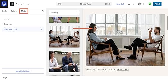 An arrow showing how to insert an Operverse or Pexels photo for free into your WordPress.com page or post