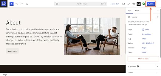 An orange arrow and box highlighting the blue Publish button on WordPress.com