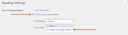 An arrow showing how to select a new page as your homepage on WordPress