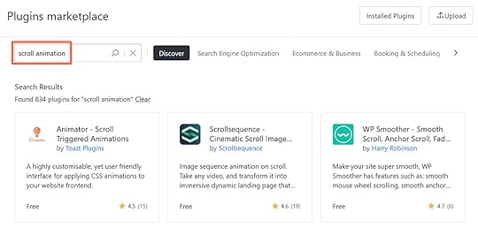 A search for scroll animations in the WordPress.com plugin marketplace