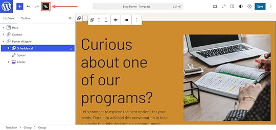 An orange arrow and box highlighting the document overview button on WordPress