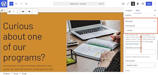 An orange arrow and box highlighting the HTML anchor box in the WordPress page editor for a group block