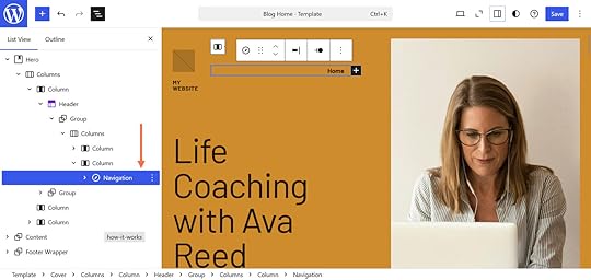 An orange arrow pointing to the navigation block with the document overview window open on WordPress