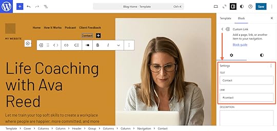 An orange arrow and box pointing to the custom link block settings for link and text