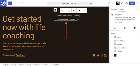 An orange arrow and box pointing to a secondary menu in the WordPress template editor