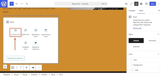 An orange arrow and box highlighting the contact form via the WordPress.com Form block