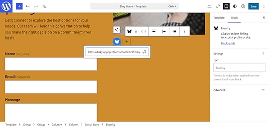 A screenshot of a bluesky URL inserting a bluesky icon into a WordPress template