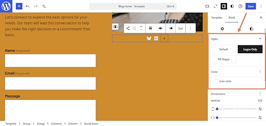 An orange box and arrow highlighting how to change the styling of the WordPress social icon block