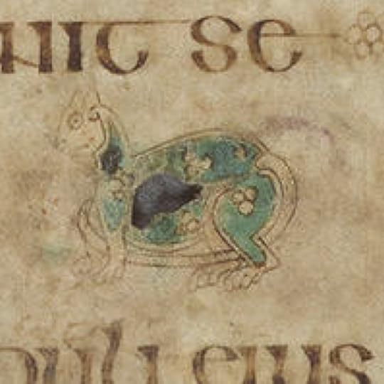 Small section of a vellum manuscript written in insular majuscule with a small illustration of a crouched cat between the lines