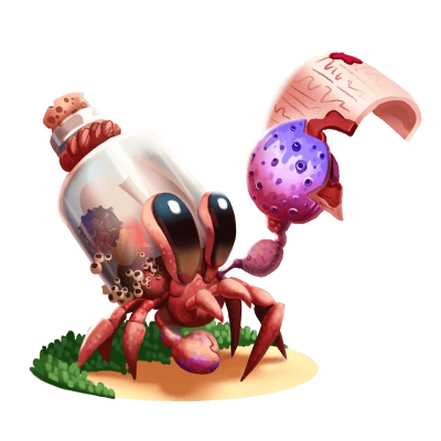 Cuazu, a hermit crab with a message in a bottle for a shell, from 4thewords, a writing app