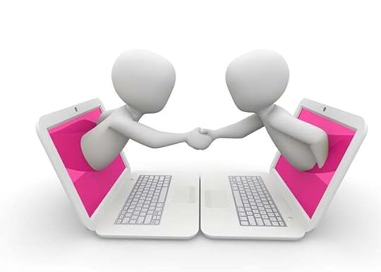 cartoon people shaking hands across two laptop screens