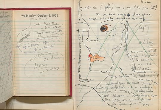 Scanned image of a datebook for Oct. 3, 1956, next toa notebook page with the same date. The notebook page is filled with a line drawing of a woman's face with red lips and passages scrawled around it.