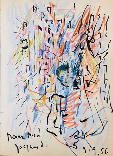 An abstract,colorful sketch of vibrant colors with a man's face in the middle.