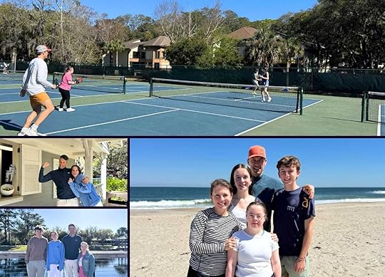 Collage of photos of a fun and active spring break vacation. The top image features Peter and teens playing pickleball on outdoor courts surrounded by trees and residential buildings. The bottom right image shows the family posing together on a sandy beach with ocean waves in the background. The bottom left images include Peter and kids standing by a scenic waterway and Peter and Marilee posing.