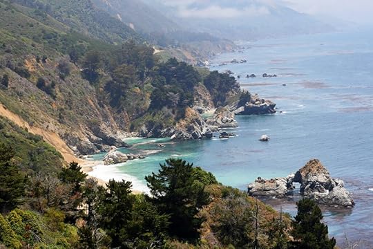California coast view of steep cliffs, pine trees, and rocky ocean shore.