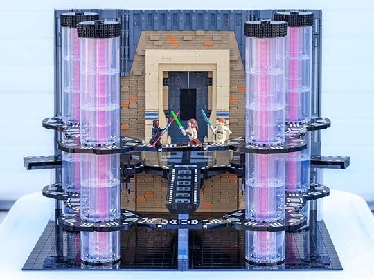 Close up of the Jedi and Sith warriors in the custom LEGO Duel of the Fates Star Wars set.