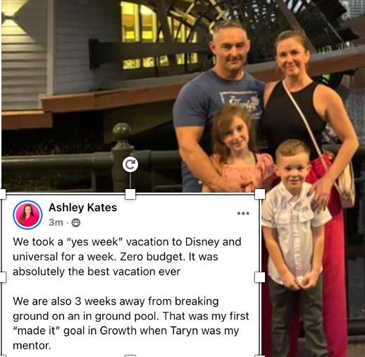 A photo of Ashley Kates sharing how Two-Brain Business helped her take a vacation.