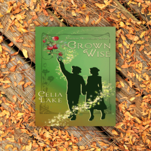 Cover of Grown Wise: A silhouetted man and woman in 1940s clothes, walking together as he reaches for a branch full of apples. The background is a muted green and brown, scattered with a swoosh of golden light. It is resting on a wooden table covered with fallen small leaves.