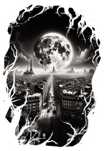 black and white image of Paris with the Eiffel Tower in the background, and strange desolate shapes in the background, so the city isn't... quite right. The moon looms too large in the centre, giving it a doom-filled Sci-Fi feel of two planets converging.