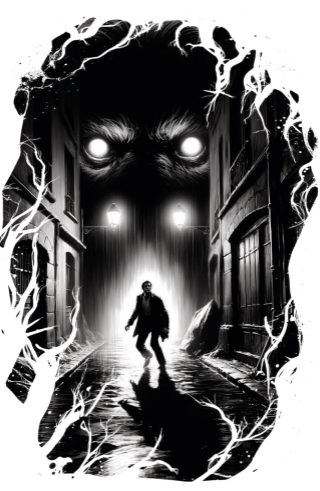 black and white image of a man in an alley with glaring eyes looking down on him in the dark between the buildings.