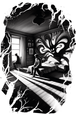 black and white illustration of a man sitting by the window of a sparsely furnished bedroom, another man sat on the bed, and on the wall behind the bed a twisted monster shadow is being cast.