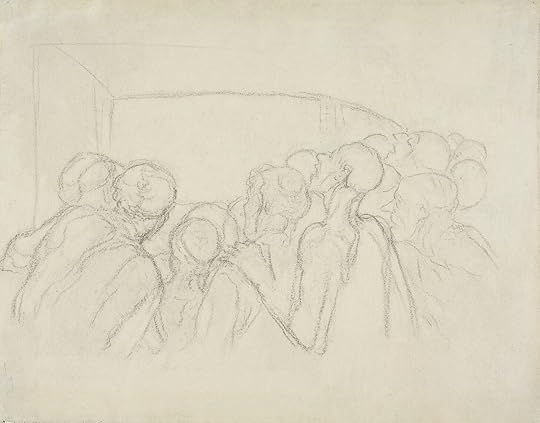 A sketch on manilla paper of a group of people gazing upward to an unknown view.