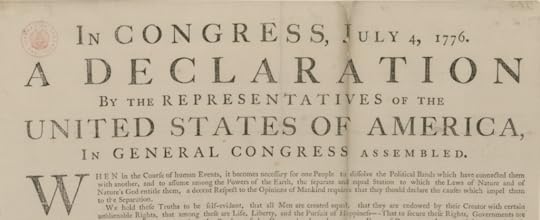 A close-up of a printed copy of the Declaration of Indepence, on parchmant that is now brown with age.