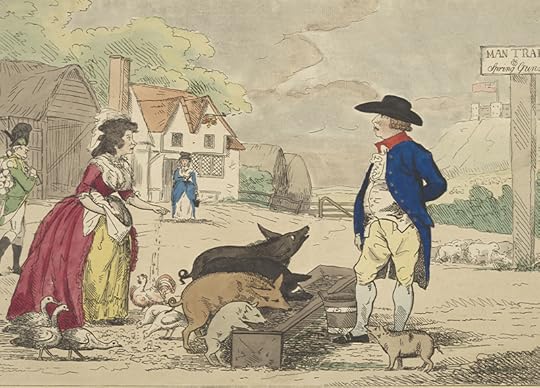 A farm-yard scene with Windsor Castle in the distance (right). In the centre four pigs feed at a trough; George III (right) and Queen Charlotte (left) stand on each side of it facing each other in profile, both slightly caricatured.