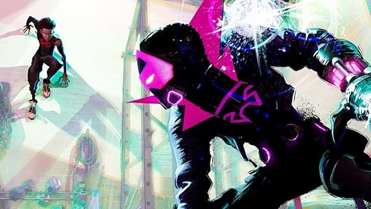 Miles Morales as Spider-man fights the Prowler larger in the foreground in Spider-Man: Beyond the Spider-Verse