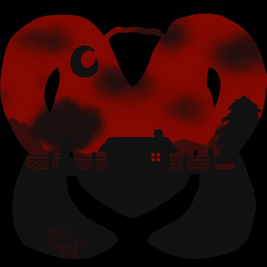 The Woods silhouette art of a cottage with a red window against a red sky and some creepy faces going on in the red sky.