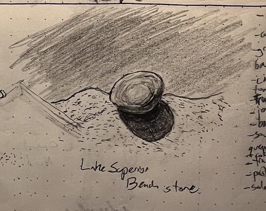 A pencil sketch of a stone on a sandy outcrop over water. The stone is brightly lit, and its shadow is sharp and deep.