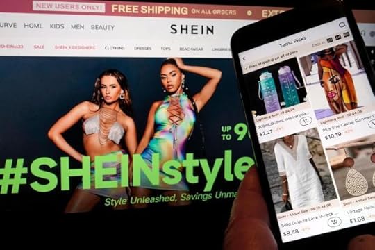 FILE - Pages from the Shein website, left, and from the Temu site, right, are shown in this photo, in New York, June 23, 2023. (AP Photo/Richard Drew, FIle)