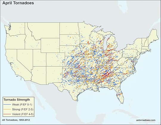 US Map of tornadoes from 1950-2012 from us.gov