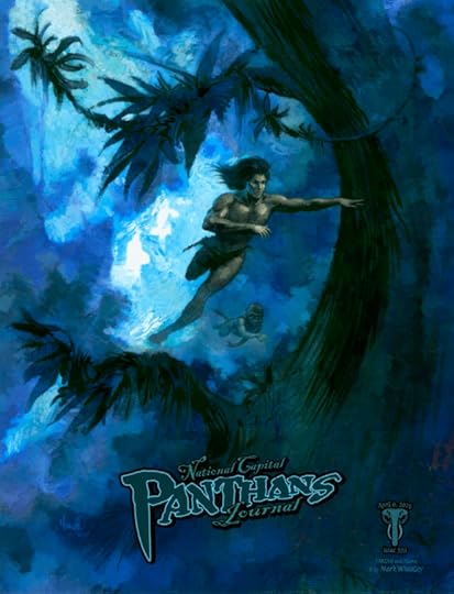 Cover art of Panthans Journal #335, done by Mark Wheatley. It shows Tarzan leaping from a tree branch. All the colors are very dark blue, so it might be night time in the jungle.