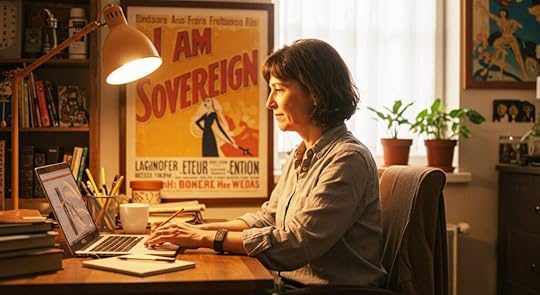 Freelancer working in her office with a poster on the wall that says