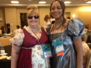 Laurie Alice Eakes in a burgundy and floral ball gown. We went to our book signings in these dresses.