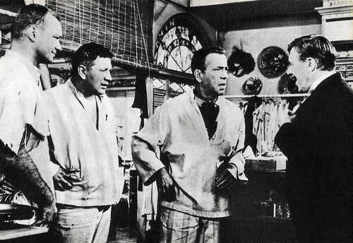 Humphrey Bogart, Aldo Ray, Peter Ustinov and Leo G. Carroll in We're No Angels (1955)