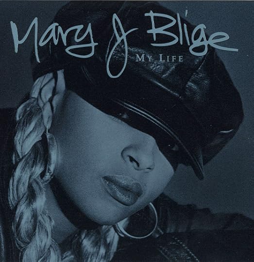 Blue-toned album cover, featuring a close up photo of Mary J. Blige with a cap pulled down, shading her eyes