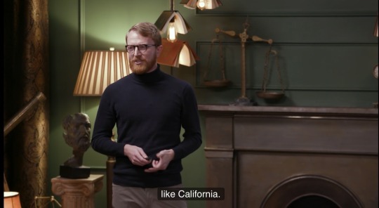 Cut back to Ryan in a turtleneck presenting who states "like California" 