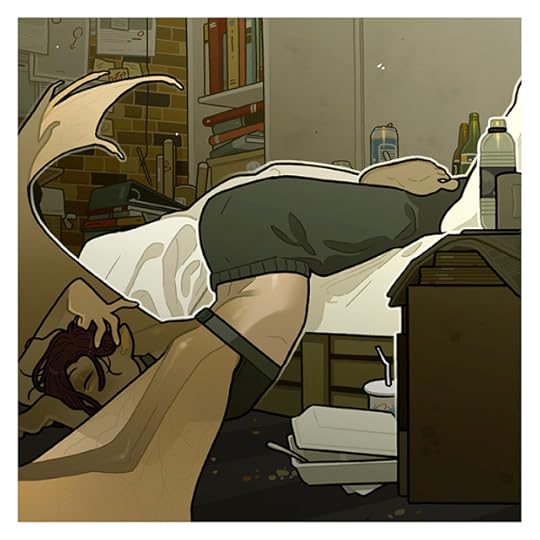 An illustration of Essex from the scifi/fantasy/detective comic BLACK CLOAK. Written by Kelly Thompson and drawn by Me. Essex is sleeping in her tiny, passable apartment. She is half on the bed. Her lets are sprawled on the mattress, but her chest and big bat wings are curled up on the ground. Around her are the various effluvia of takeout and previous private investigation cases.