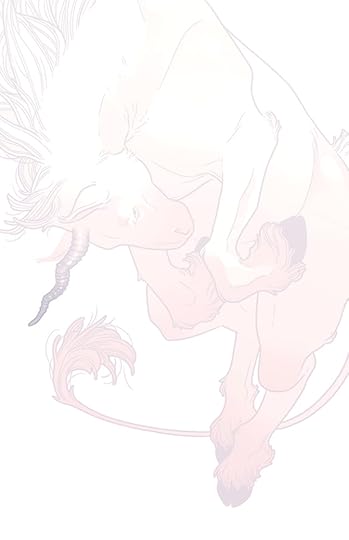 An illustration of a unicorn in a bucking jump. The illustration is very pale, mostly cast in shadows of pink and lavender.