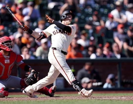 San Francisco Giants' Mike Yastrzemski #5 hits a two-run walk-off home run in the tenth inning of their MLB game against the Cincinnati Reds at Oracle Park in San Francisco, Calif., on Wednesday, April 9, 2025. (Jane Tyska/Bay Area News Group)