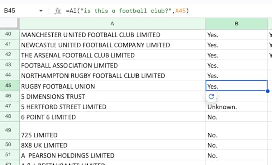 Spreadsheet with a column of company names and a column to classify each one. A highlighted cell contains the formula =AI(
